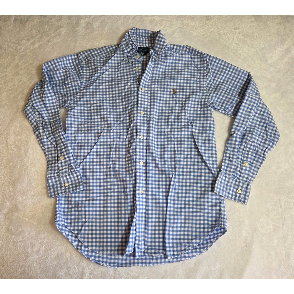 M396 Polo Ralph Lauren Boys M 10-12 Blue Gingham Long Sleeve Shirt